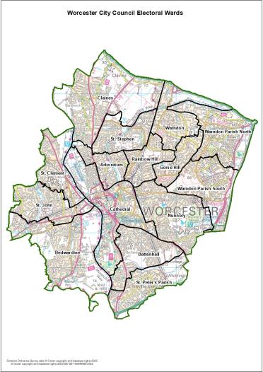 A map of current wards in Worcester